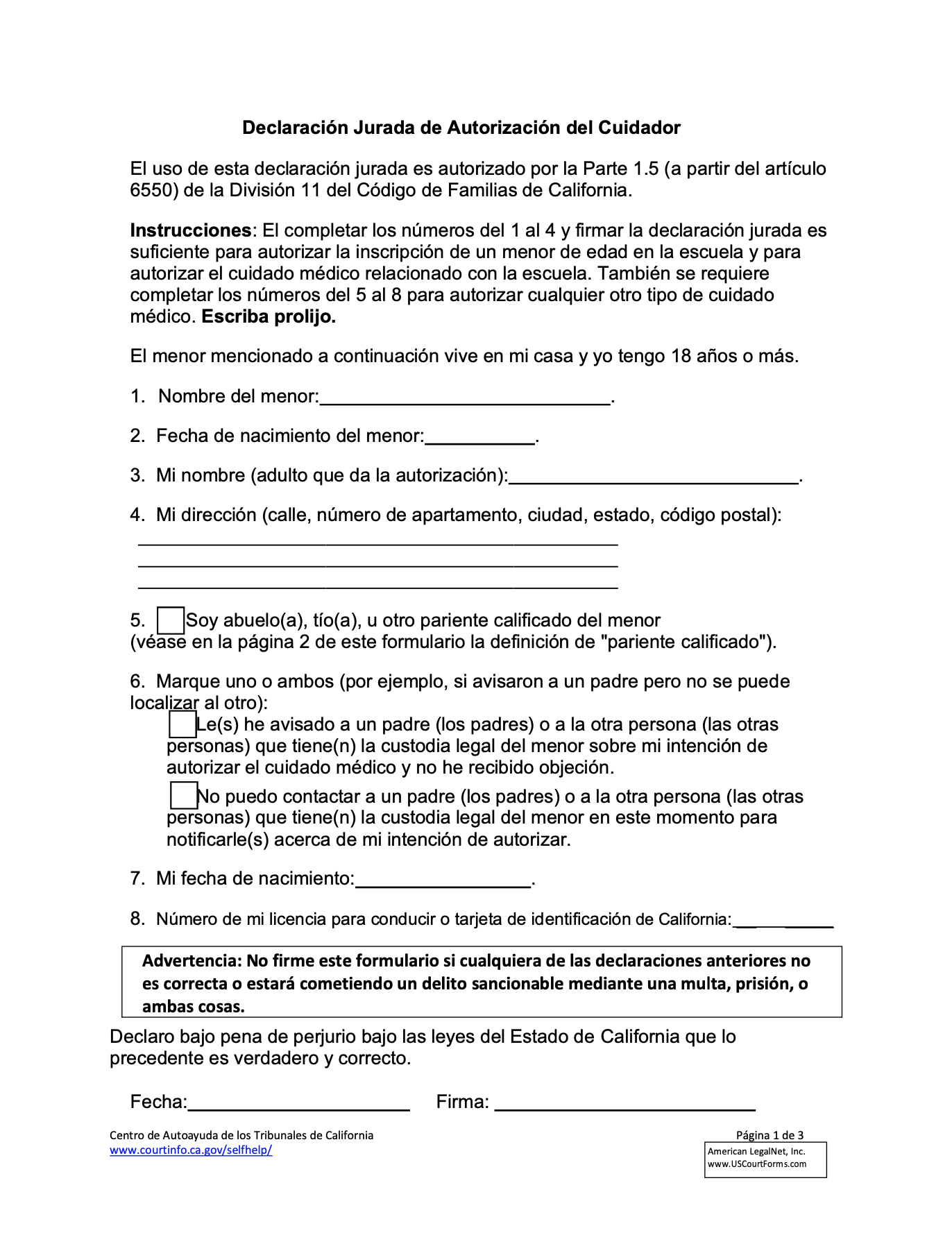 Caregiver Authorization Affidavit Form